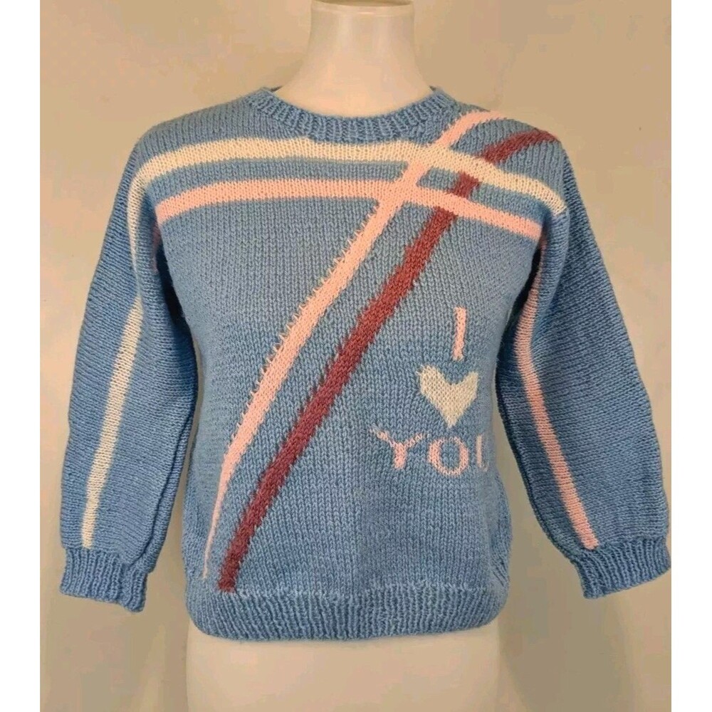 Vtg Handmade Wool Sweater I Love You OOAK Jrs Womens XS S Petite Blue Handknit